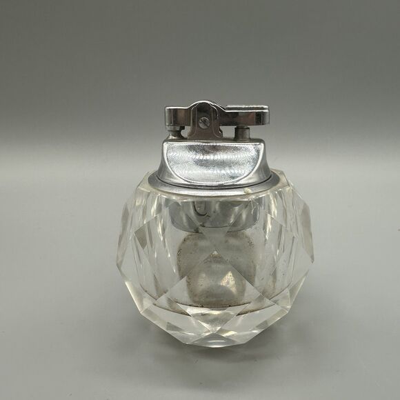 Vintage Japan Cut Crystal Clear Glass Table Lighter Round - Picture 1 of 7